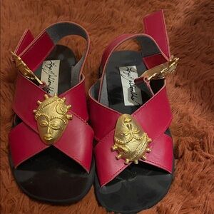 Red Women's Crossover Slingback Sandals with Gold Face Accent